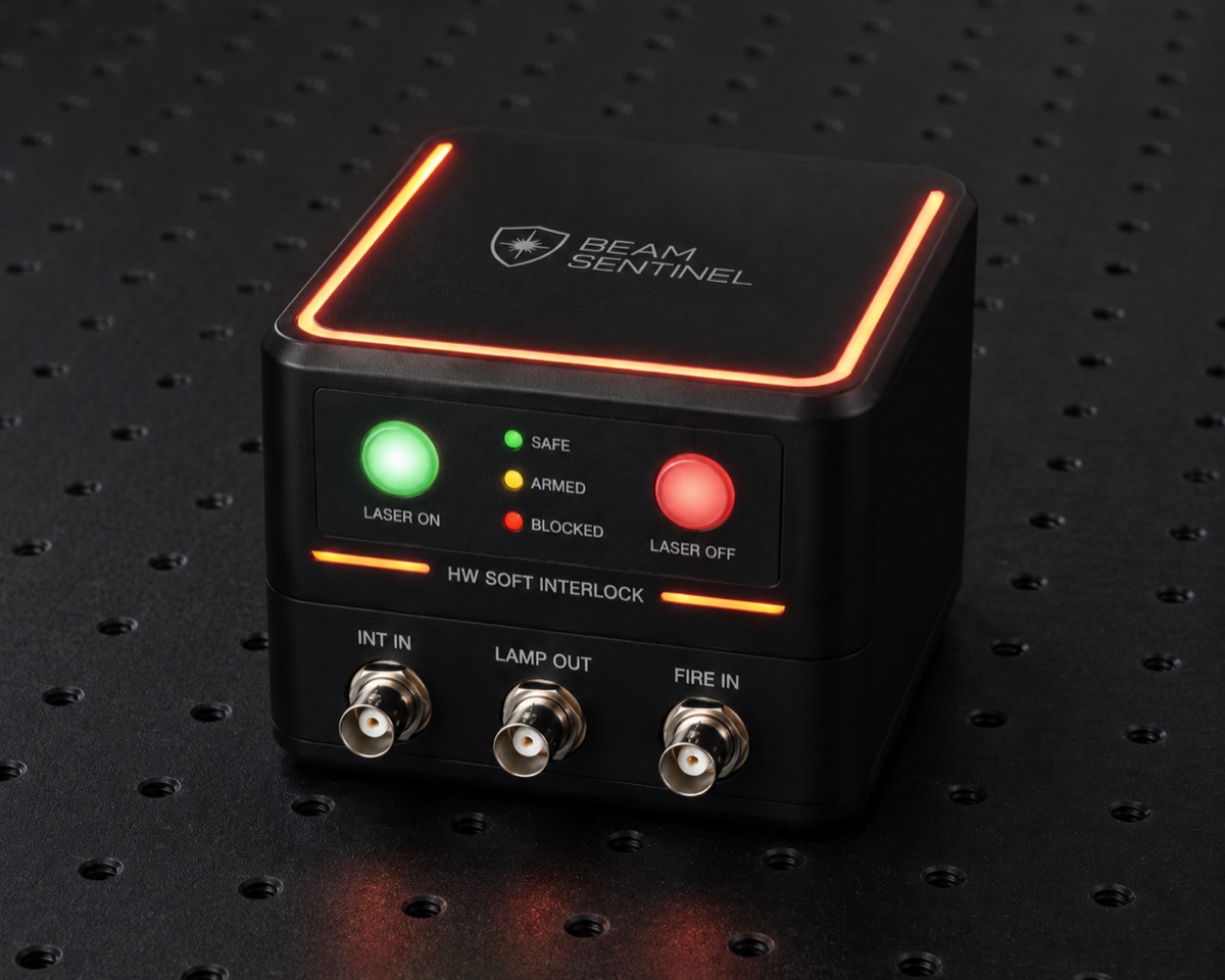 Beam Sentinel Sentinel Link module with SAFE / ARMED / BLOCKED status LEDs, LASER ON and LASER OFF buttons, and INT IN, LAMP OUT and FIRE IN connectors