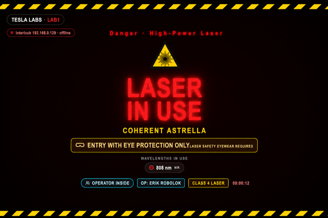 Beam Sentinel entrance sign reading LASER IN USE — Coherent Astrella, 808 nm NIR, entry with eye protection only, operator inside, Class 4 laser