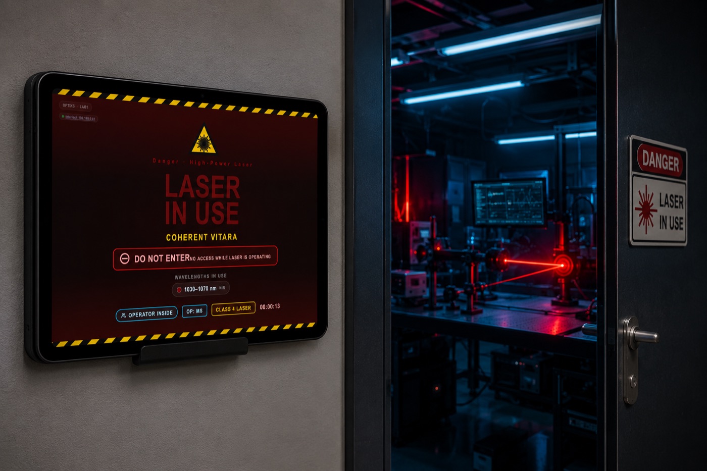 Beam Sentinel entrance display reading Laser in Use outside an active laser lab