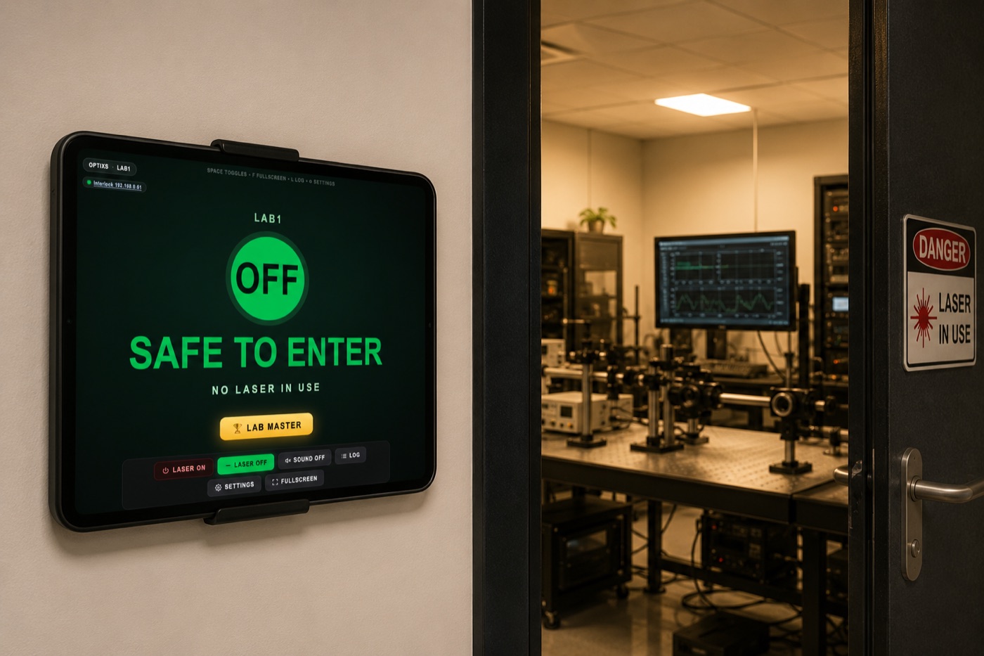 Beam Sentinel entrance display reading Safe to Enter outside a laser lab